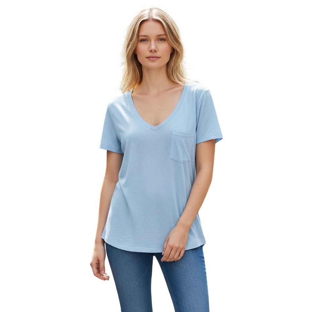 Caslon Womens Light Blue V-Neck Short Sleeve Pocket Slub Knit T-Shirt XS